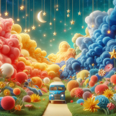 "푸른 하늘과 구름 속에 수많은 색깔의 구름과 별들이 떠 있는 꿈 같은 풍경을 배경으로 버스가 지나가고 있다."