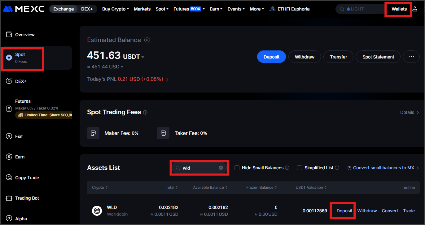 MEXC 거래소 월드코인 입금 메뉴 확인하기
