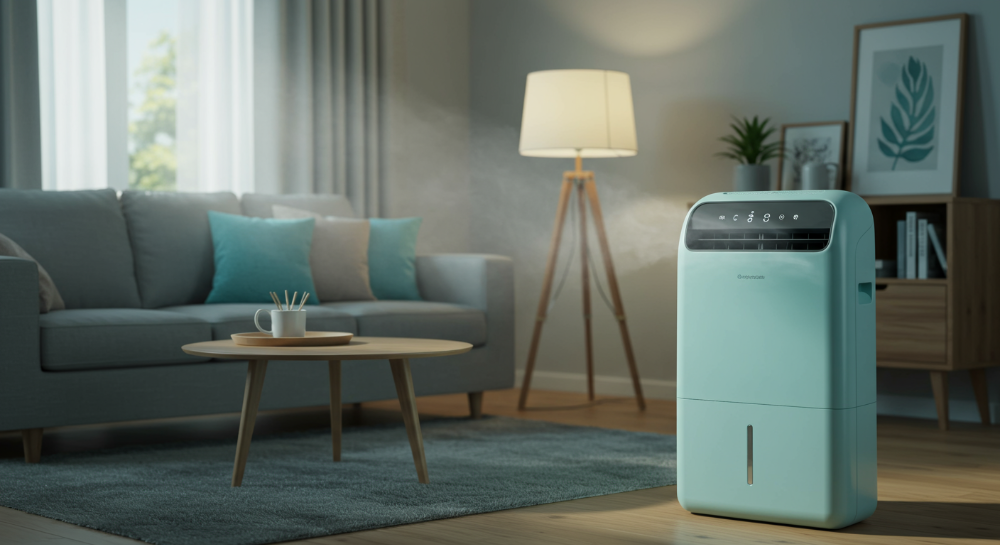 고요하고 쾌적한 거실에 놓인 저소음 제습기.