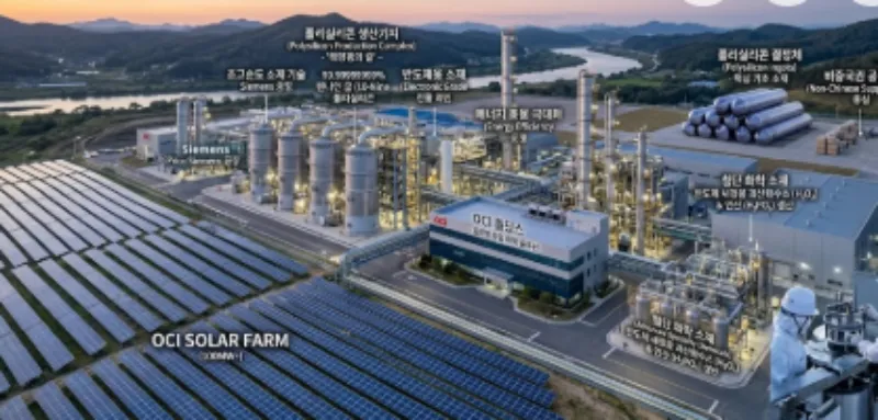 태양광 발전 패널과 연결된 OCI 폴리실리콘 생산 기지 전경 및 정밀 화학 소재 제조 공정 시설