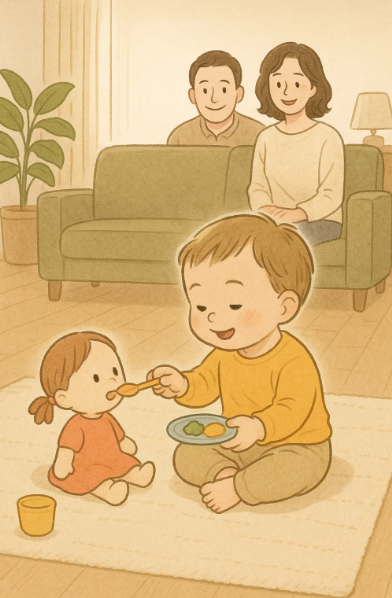 상상 친구 인형과 대화하며 놀이 중인 아기의 모습