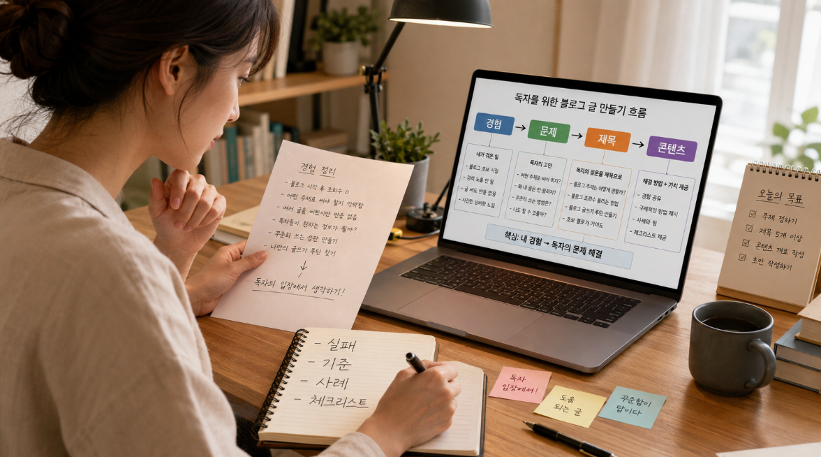 개인 경험을 독자 질문과 블로그 글 제목으로 바꾸는 콘텐츠 기획 장면