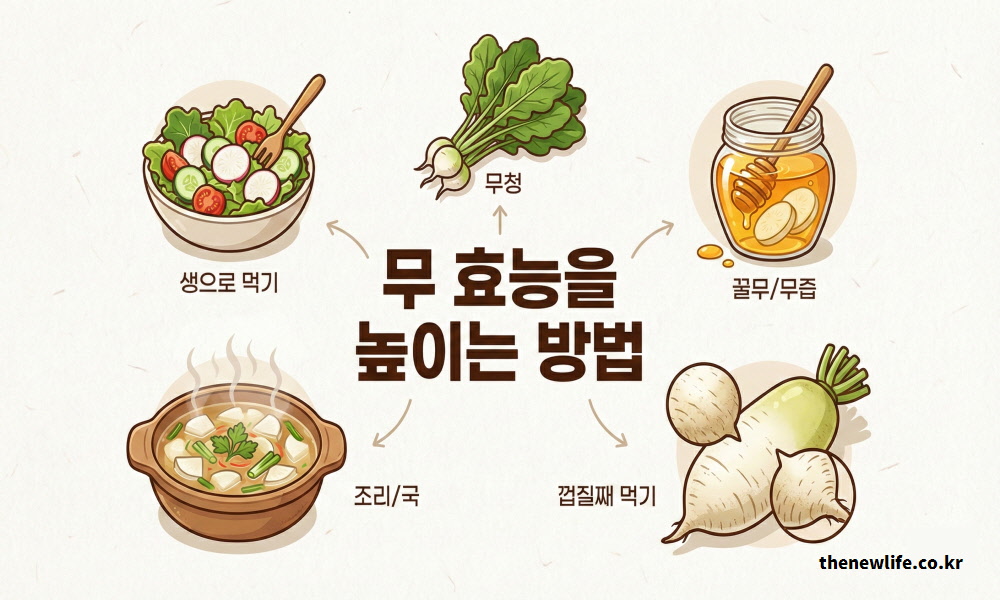 생으로 먹기, 무즙, 가열 조리, 껍질째 섭취, 무청 활용 등 무 효능을 극대화하는 5가지 올바른 섭취 방법을 정리한 인포그래픽