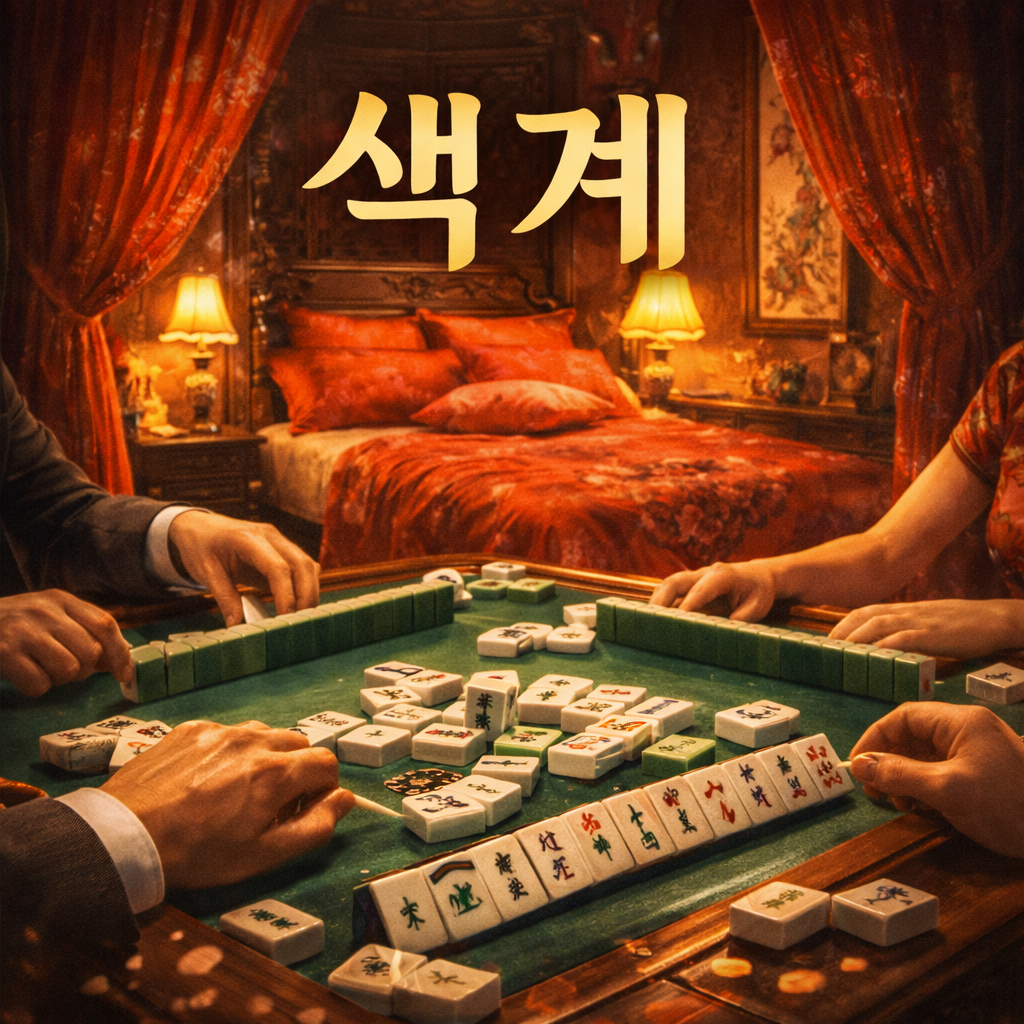중화풍 침실에서 마작을 하고 있는 사람들 이미지. 색계 영화제목이 삽입되어 있음.