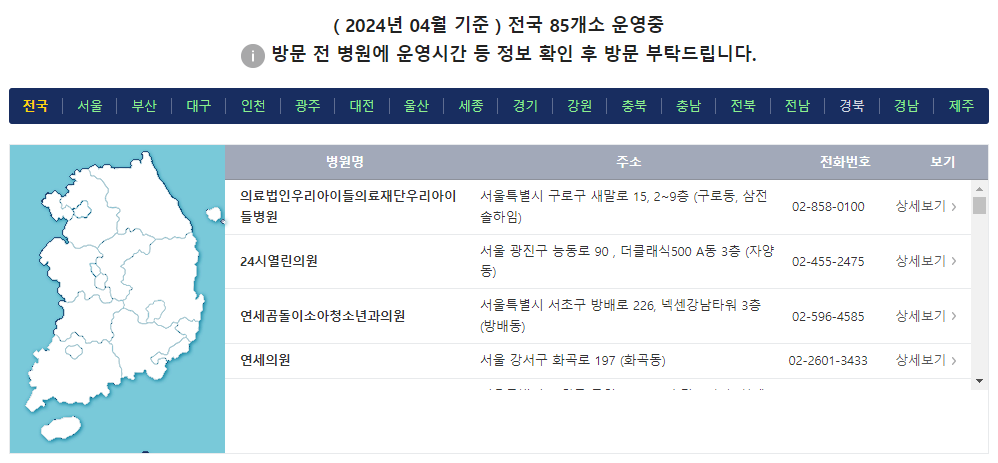 어린이 전문병원 리스트