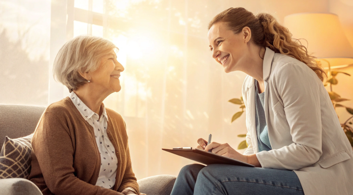 다계통 위축증 환자랑 이야기 나누는 병원직원