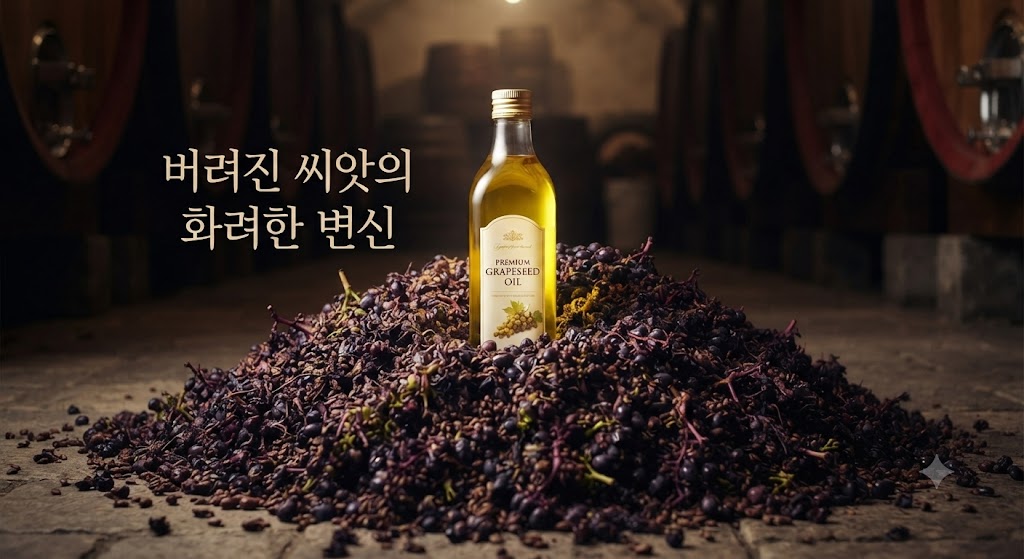 어두운 와이너리 배경에 와인을 만들고 남은 거대한 포도 껍질과 씨앗 더미(마르크)가 보이고, 그 더미 속에서 황금빛으로 빛나는 포도씨유 한 병이 솟아올라 있습니다. "폐기물에서 프리미엄 오일로"라는 문구가 시선을 끕니다.