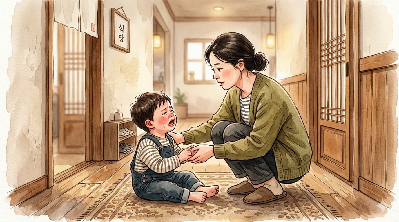 공공장소에서 울고 있는 34개월 아이 앞에 차분히 앉아 있는 엄마