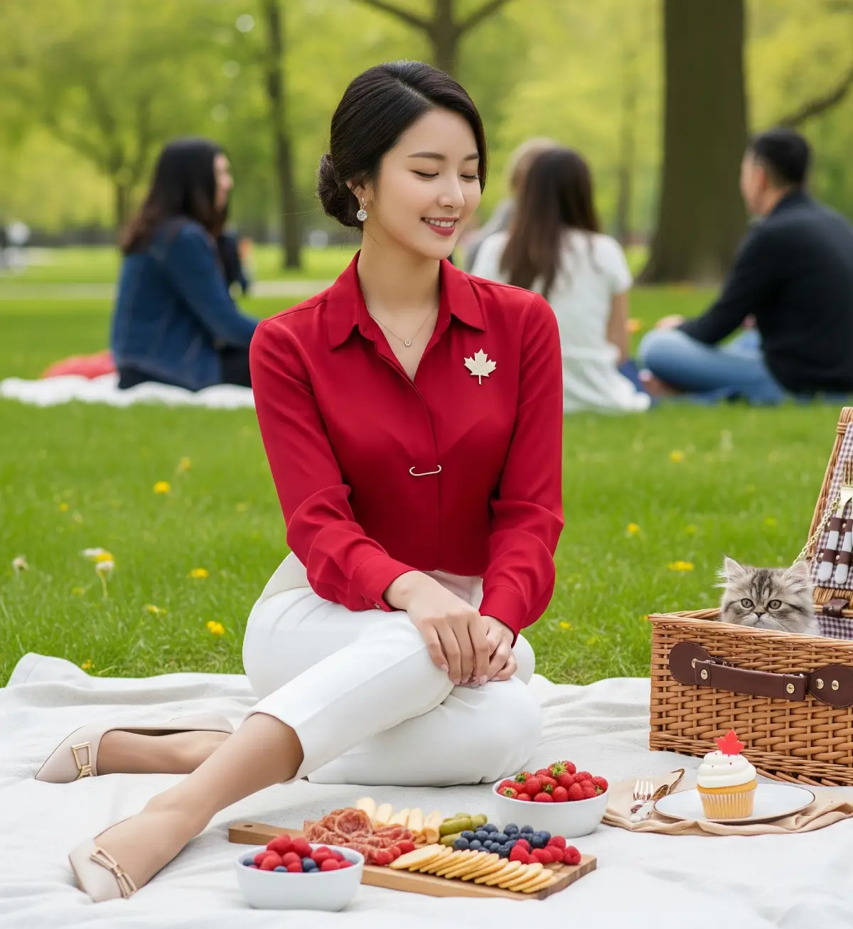 한 여성이 캐나다 데이에 공원 잔디밭에 앉아 여유롭게 피크닉을 즐기는 모습