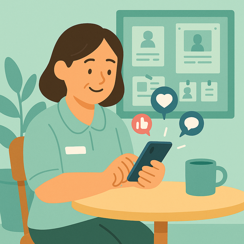 요양보호사 복장을 한 여성이 테이블에 앉아 스마트폰으로 SNS를 사용하는 모습. 화면에는 좋아요, 하트, 말풍선 아이콘이 떠 있으며, 배경에는 온라인 프로필 화면이 보임. SNS와 지역 커뮤니티를 통해 자신을 홍보하고 있는 장면을 표현한 일러스트