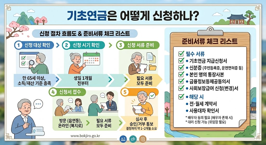 기초연금 신청 절차와 준비 서류를 안내하는 인포그래픽. 신청 대상 확인부터 접수, 심사 후 결정까지 단계별 흐름과 신분증, 통장 사본, 금융정보 제공 동의서 등 필수 서류를 체크리스트로 정리한 이미지