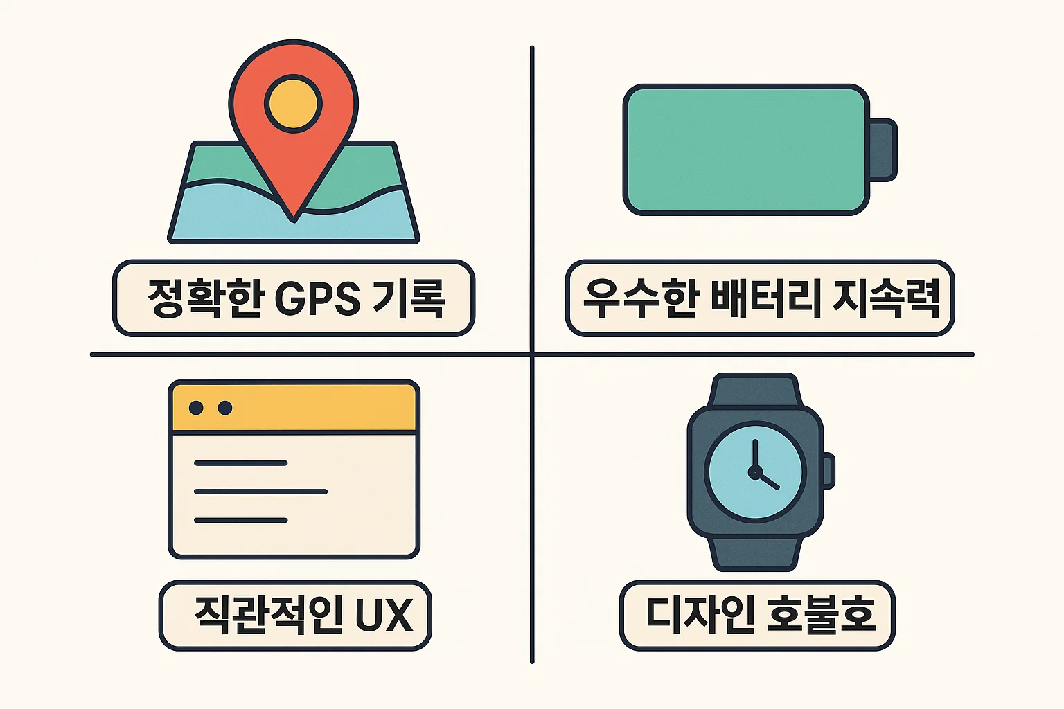 가민 스마트워치의 정확한 GPS 기록, 배터리 지속력, UX, 디자인 장단점을 2025 기준으로 정리한 인포그래픽 자료