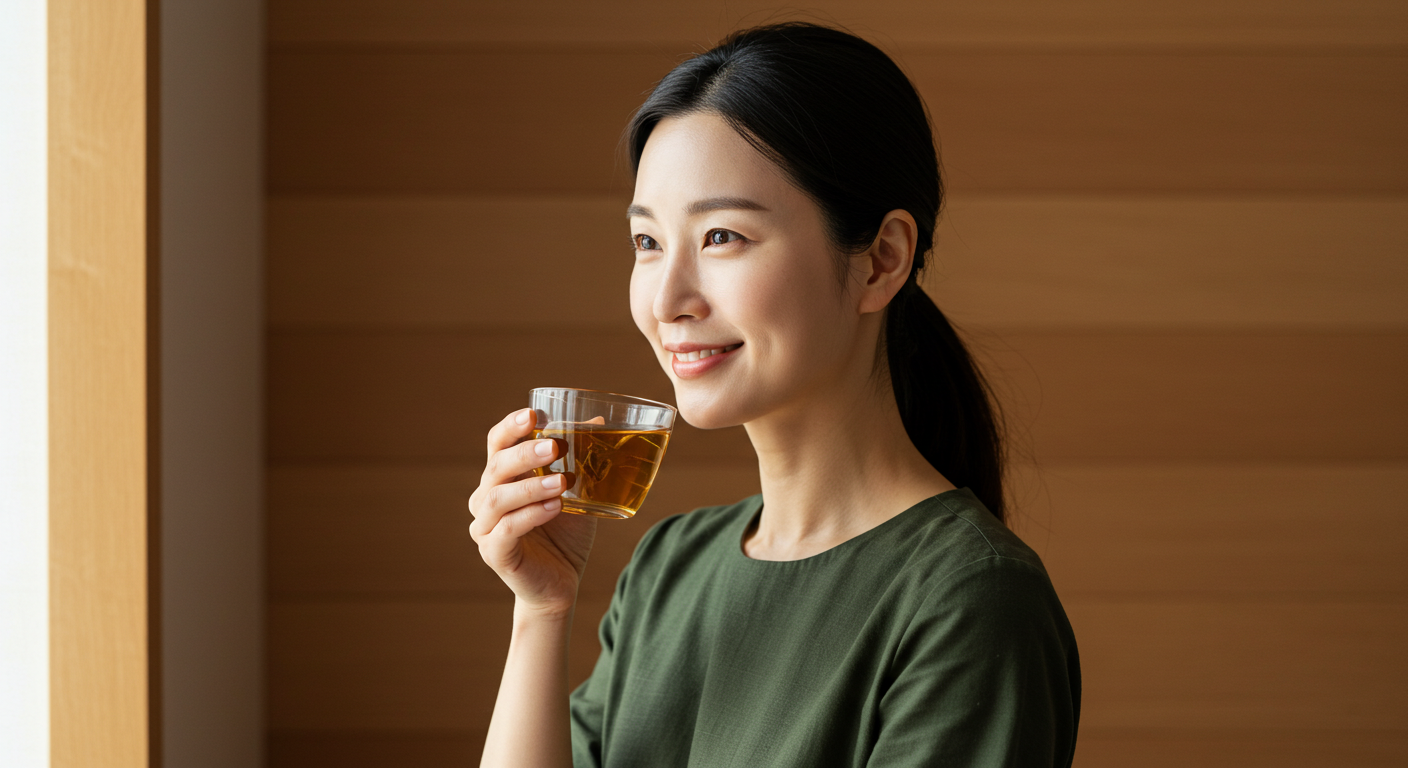 건강하고 밝은 표정의 한국인 여성이 자연광 아래에서 따뜻한 허브티를 마시는 모습