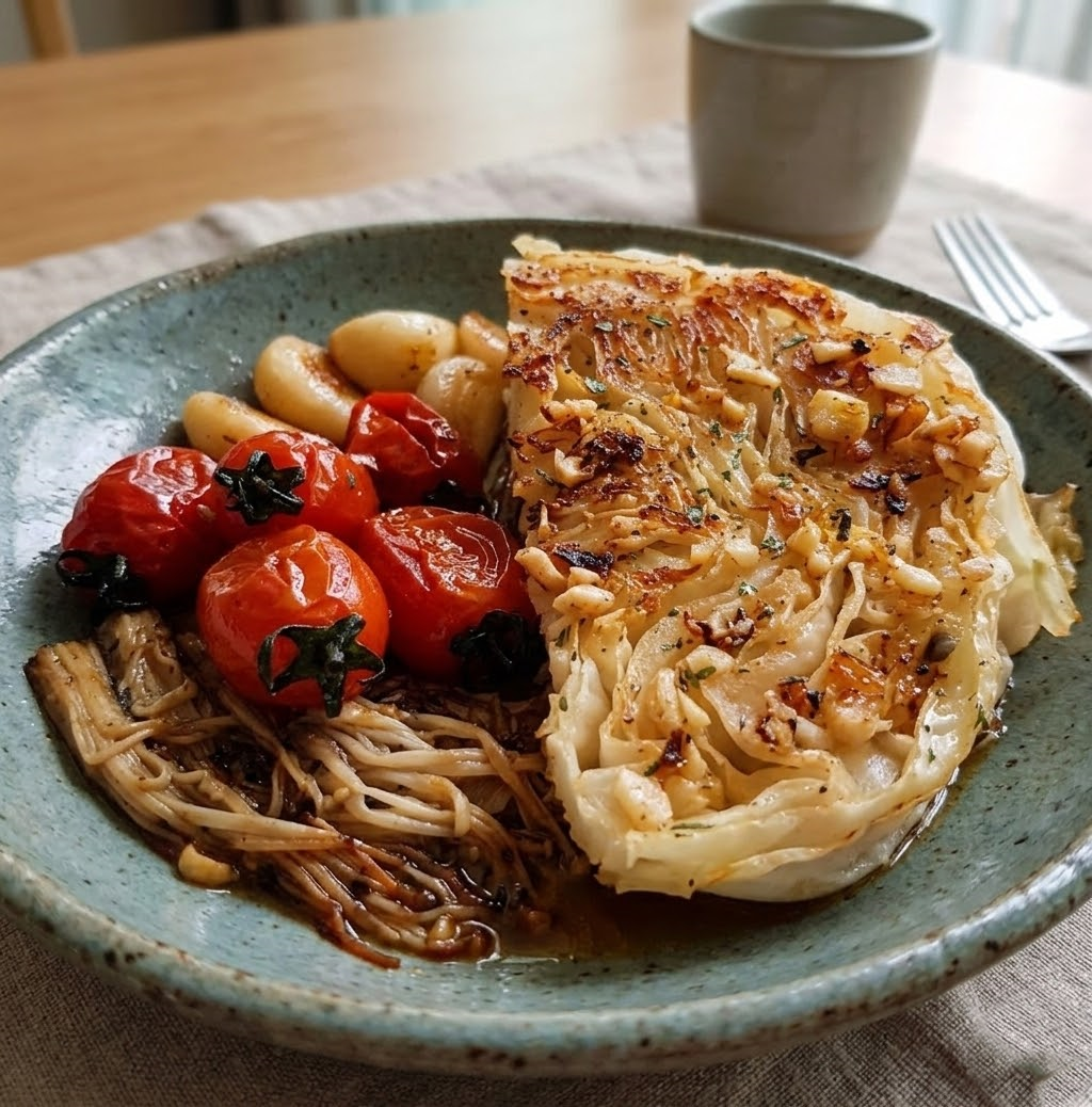 흰색 패턴 접시에 정갈하게 담긴 양배추 스테이크와 구운 토마토, 마늘, 팽이버섯 요리.