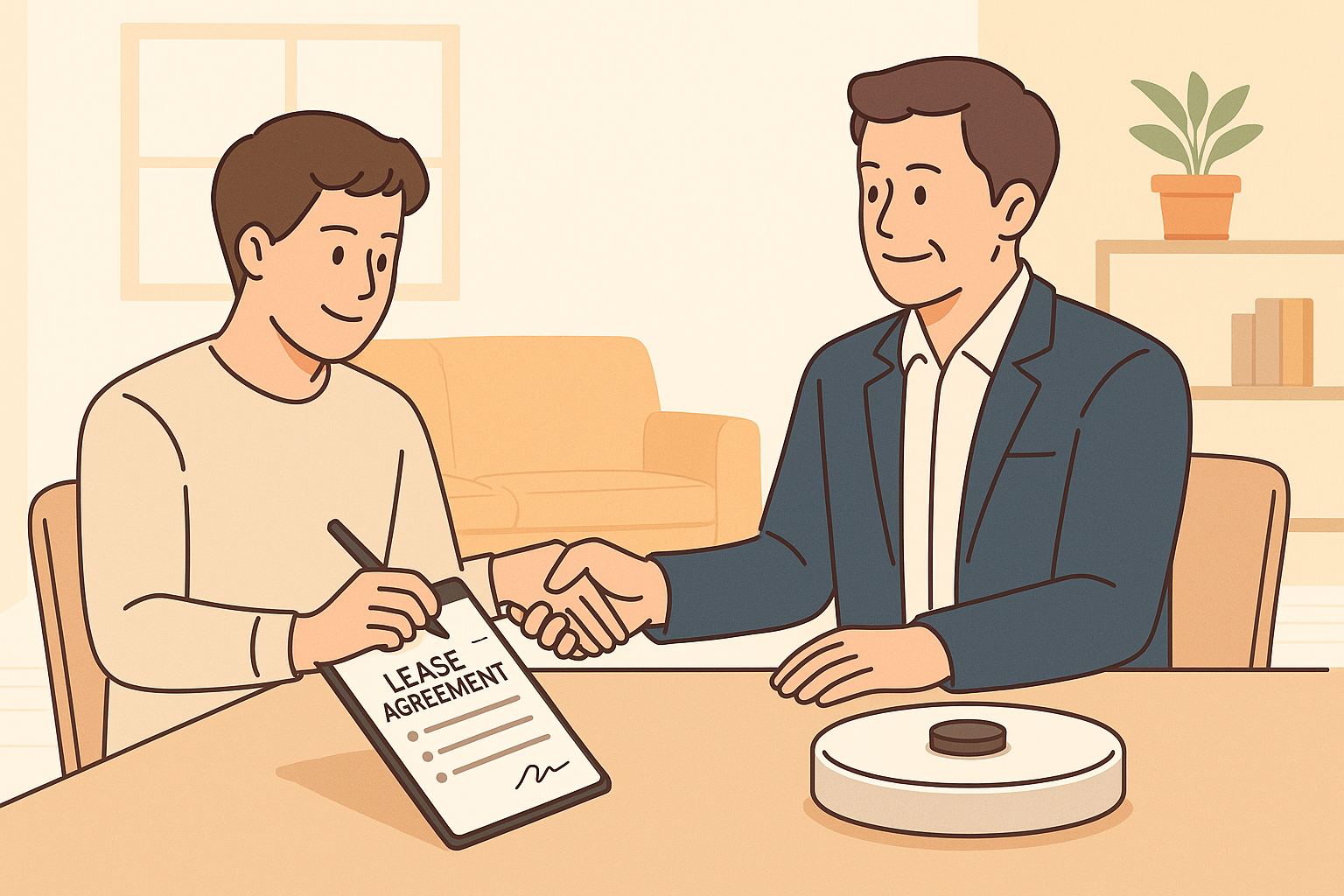 전세계약을 진행하는 집주인과 세입자가 계약서에 서명하고 악수하는 장면의 일러스트