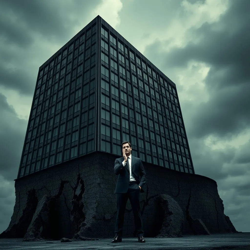 굳건했던 기업 건물이 아래에서 흔들리는 균열이 생기는 모습입니다. 기업을 상징하는 인물(경영진)이 불안한 표정으로 균열을 바라보고 있거나, 손으로 이마를 짚고 고뇌하는 모습입니다. 전체적으로 어둡고 불안정한 색감으로 표현