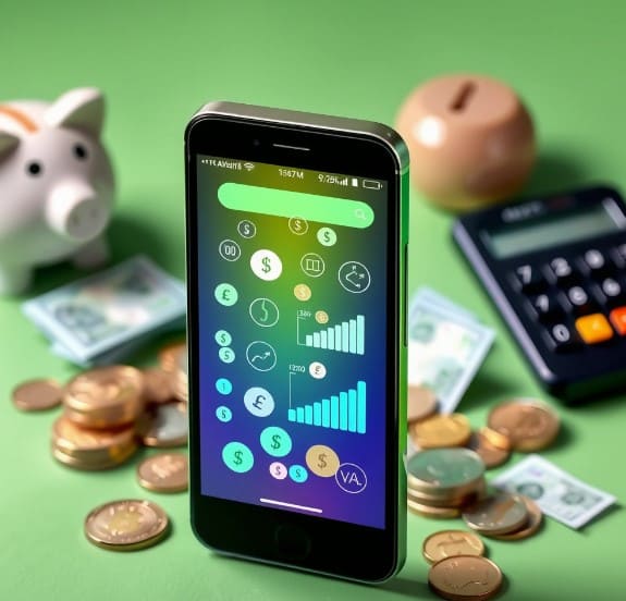 알뜰폰으로 변경 후 요금 절약이 된다는 상징(동전들, 저금통, 계산기)