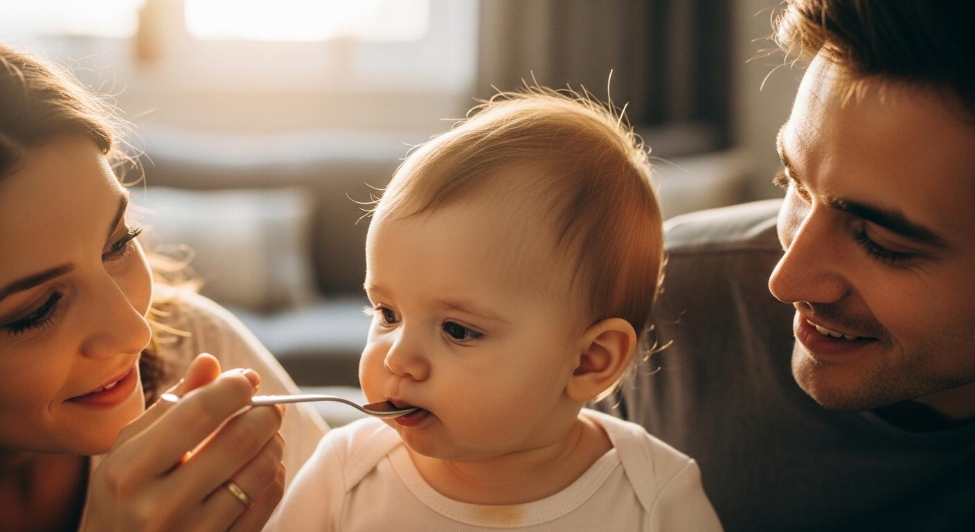 햇빛이 은은하게 들어오는 공간에서 아기가 고개를 옆으로 돌리며 이유식을 거부하고, 부모는 미소를 잃지 않은 채 ‘괜찮아’라는 표정을 짓는 따뜻한 순간을 담은 감성 사진. 배경은 심플하게 정리되어 있어 아기와 부모의 감정 흐름이 중심이 되는 이미지