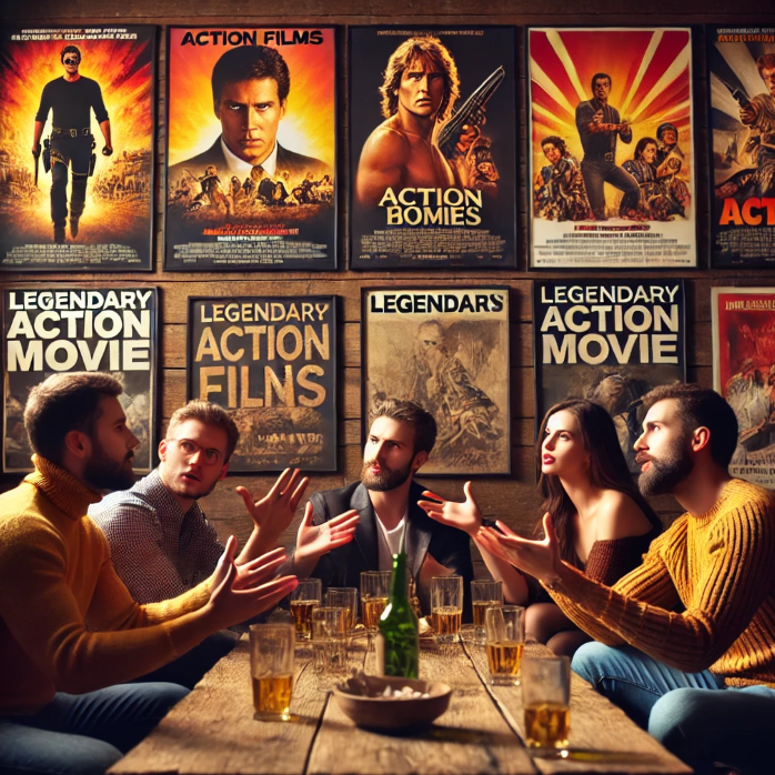 영화 팬들이 다양한 액션 영화 포스터 앞에서 토론하는 장면