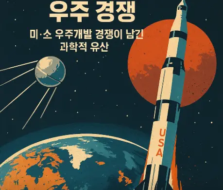 냉전 시대 미·소 우주 경쟁을 상징하는 스푸트니크 위성과 새턴 V 로켓이 지구 위로 대비된 빈티지 일러스트