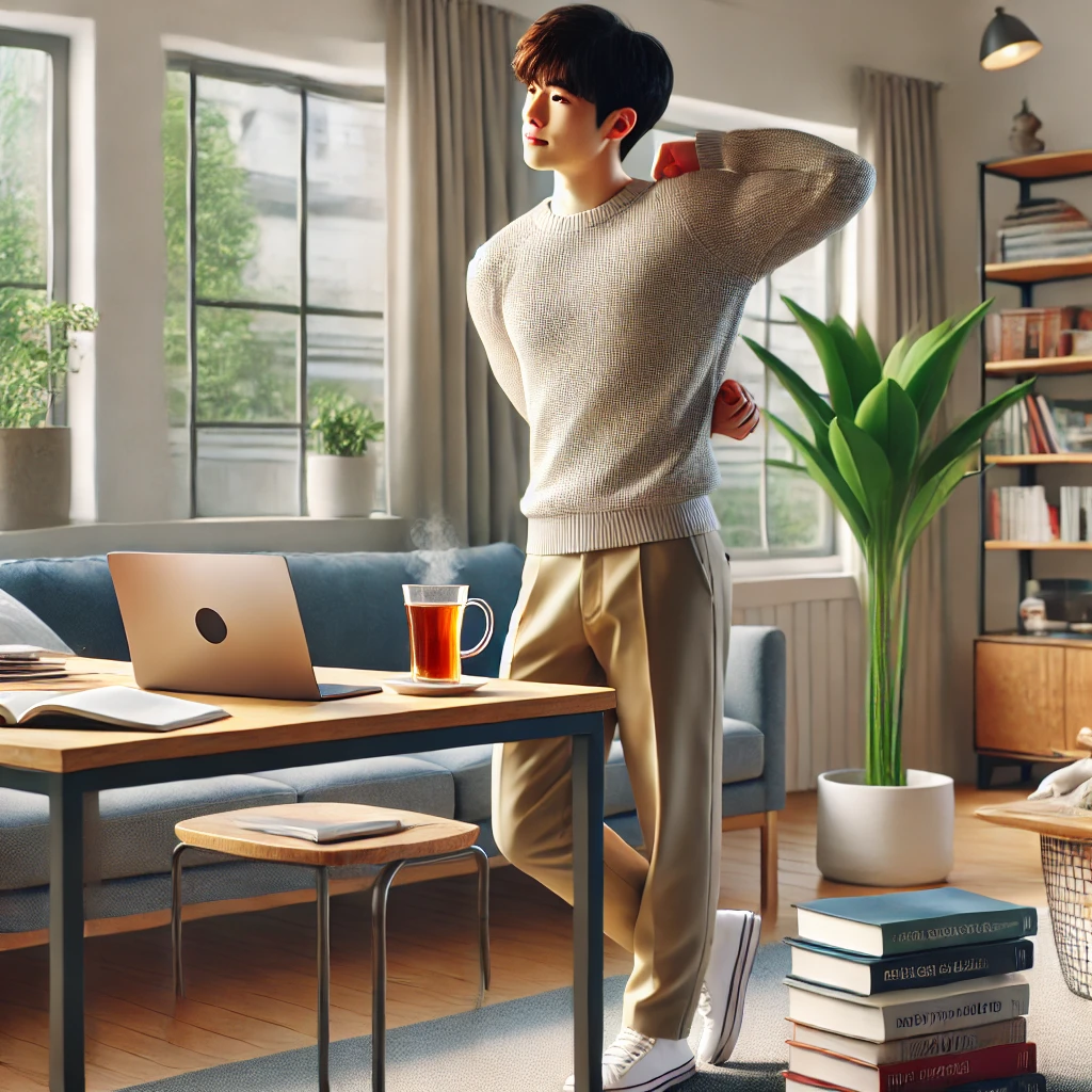 학생이 현대적인 거실에서 공부를 쉬며 차를 마시고 스트레칭을 하는 모습. 학생은 책과 노트북이 놓인 테이블 옆에 서 있으며, 방은 밝고 편안한 분위기로 꾸며져 있습니다