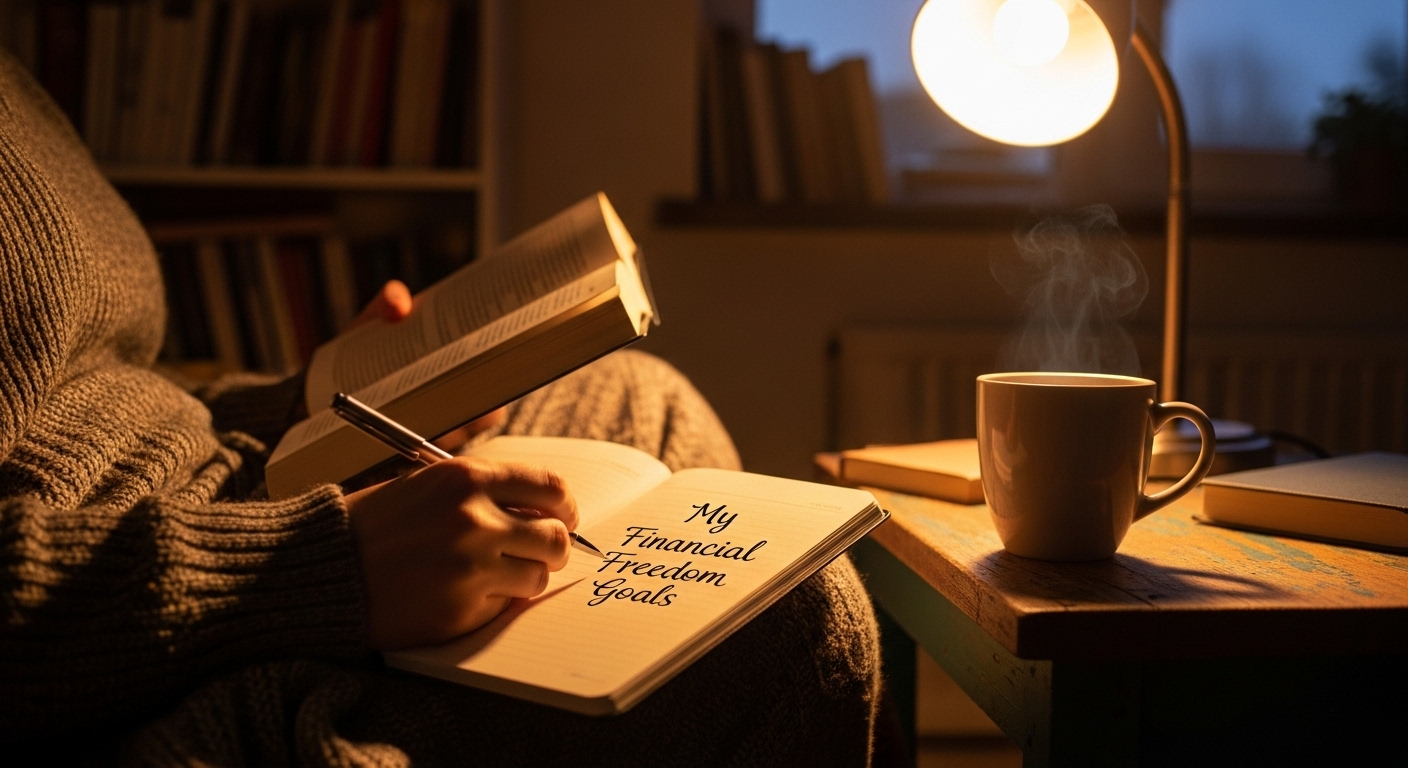 따뜻한 조명 아래서 책을 읽으며 노트에 무언가(미래 계획)를 적고 있는 열정적인 모습