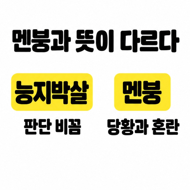 멘붕과 뜻이 다르다라는 제목 아래 능지박살은 판단 비꼼, 멘붕은 당황과 혼란으로 뜻을 나란히 비교한 그림.