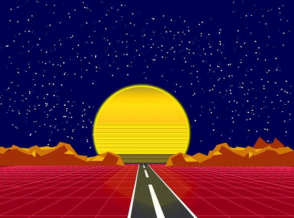 한 개의 도로가 나 있고 밤하늘에 별들이 총총 가득 떠 있다. 길 끝에는 노란색의 커다란 보름달이 있다.