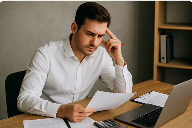 노트북 앞에서 서류를 검토하며 고민하는 청년 창업자