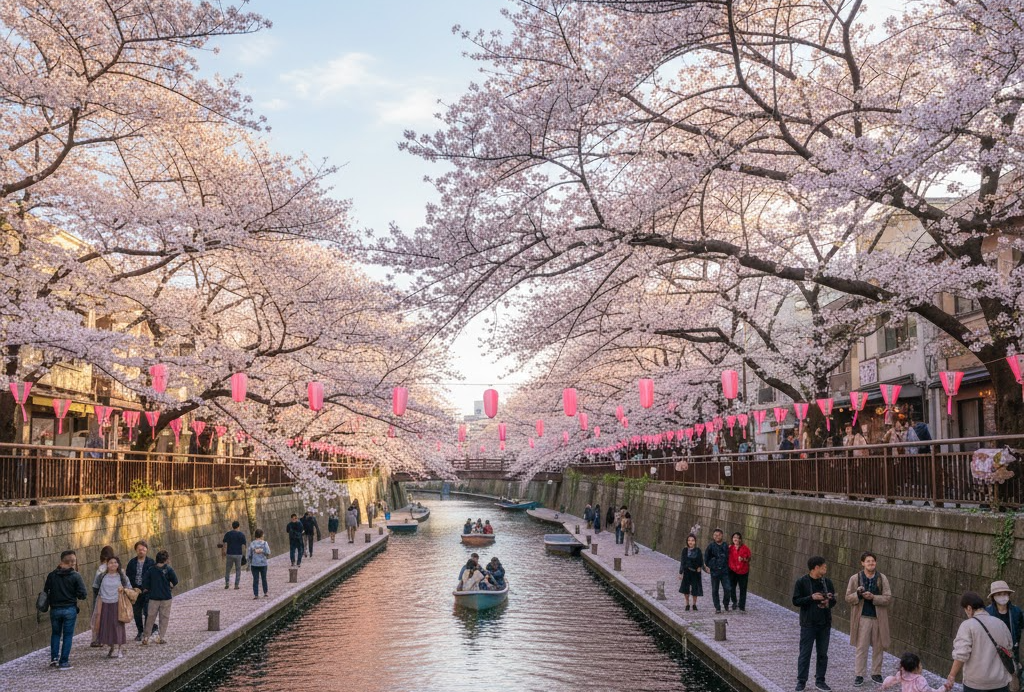 만개한 벚꽃이 흐드러진 도쿄 메구로강 풍경