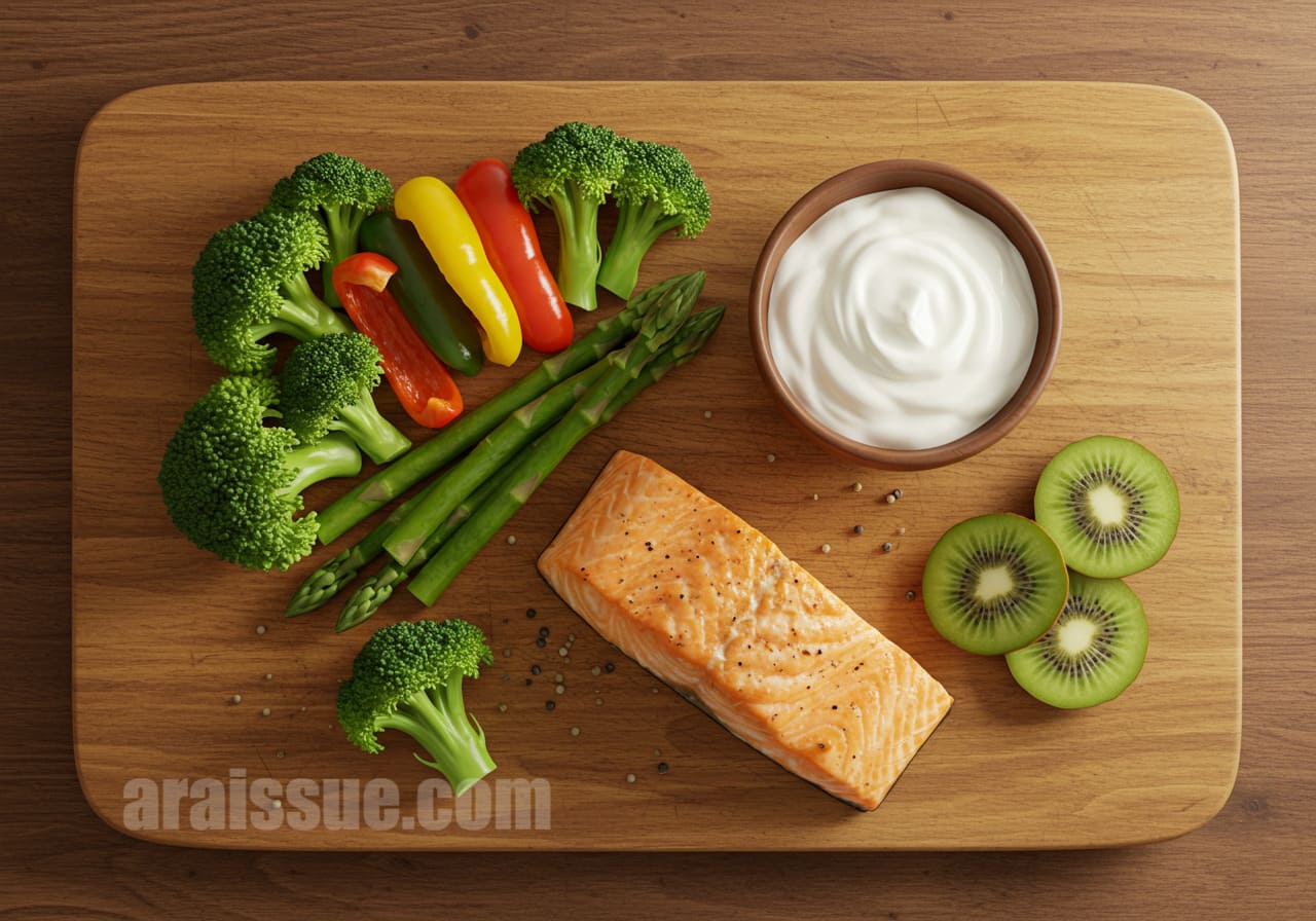 연어구이, 찐 브로콜리, 요거트, 키위 등이 담긴 항염 식단이 식탁 위에 정갈하게 세팅되어 있고, 자연광이 은은하게 비추는 분위기입니다.