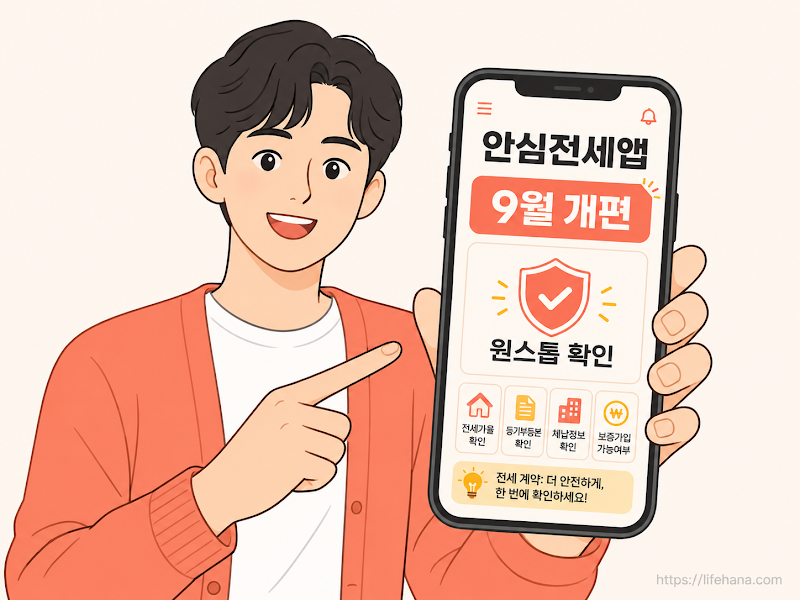 스마트폰 화면으로 안심전세앱을 구동해 주택의 안전 등급을 확인하며 미소 짓는 청년의 모습 일러스트