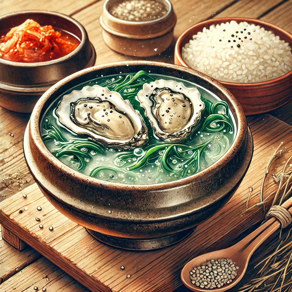 한국식 굴 미역국: 신선한 굴과 부드러운 미역으로 끓여낸 따뜻한 국물 요리, 깨와 후추로 장식된 겨울철 보양식