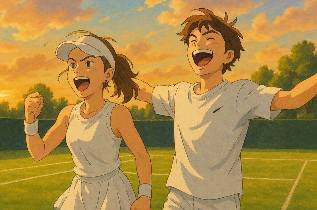 2025 윔블던 예선을 통과한 올리버 타벳과 이바 요닉이 환호하는 그림