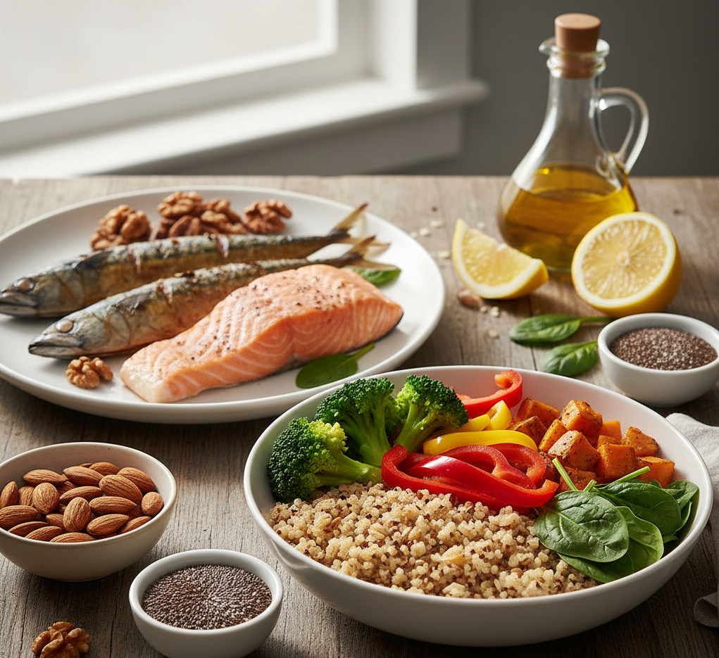 신선한 채소와 귀리, 생선이 어우러진 건강 식단 이미지