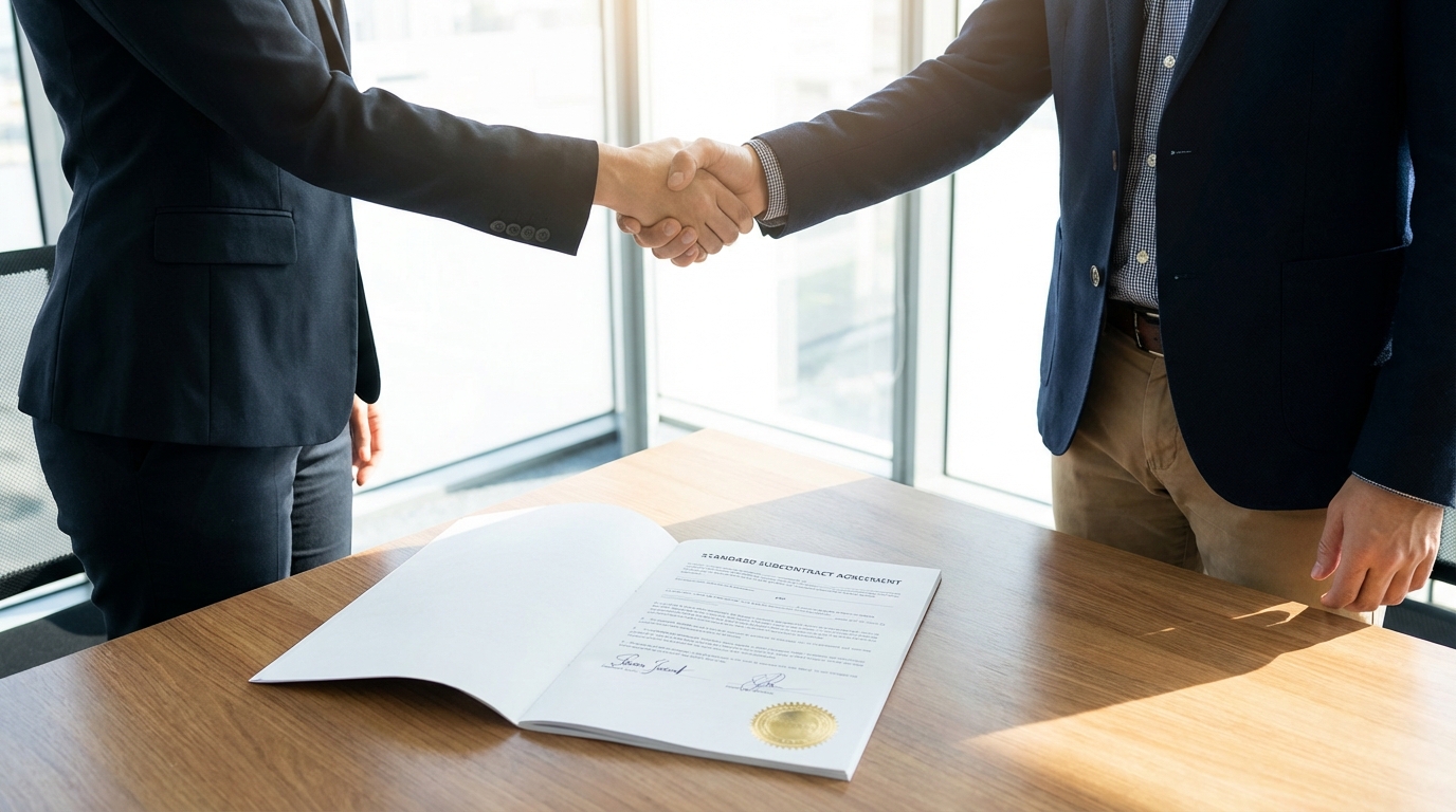 표준하도급계약서를 체결하며 공정 거래를 약속하는 관계자들의 모습