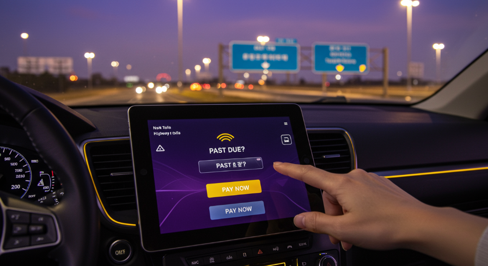 2025년 하이패스 미납요금을 태블릿으로 간편하게 납부하는 모습을 보여주는 보라색과 노란색 테마의 현대적인 대시보드.