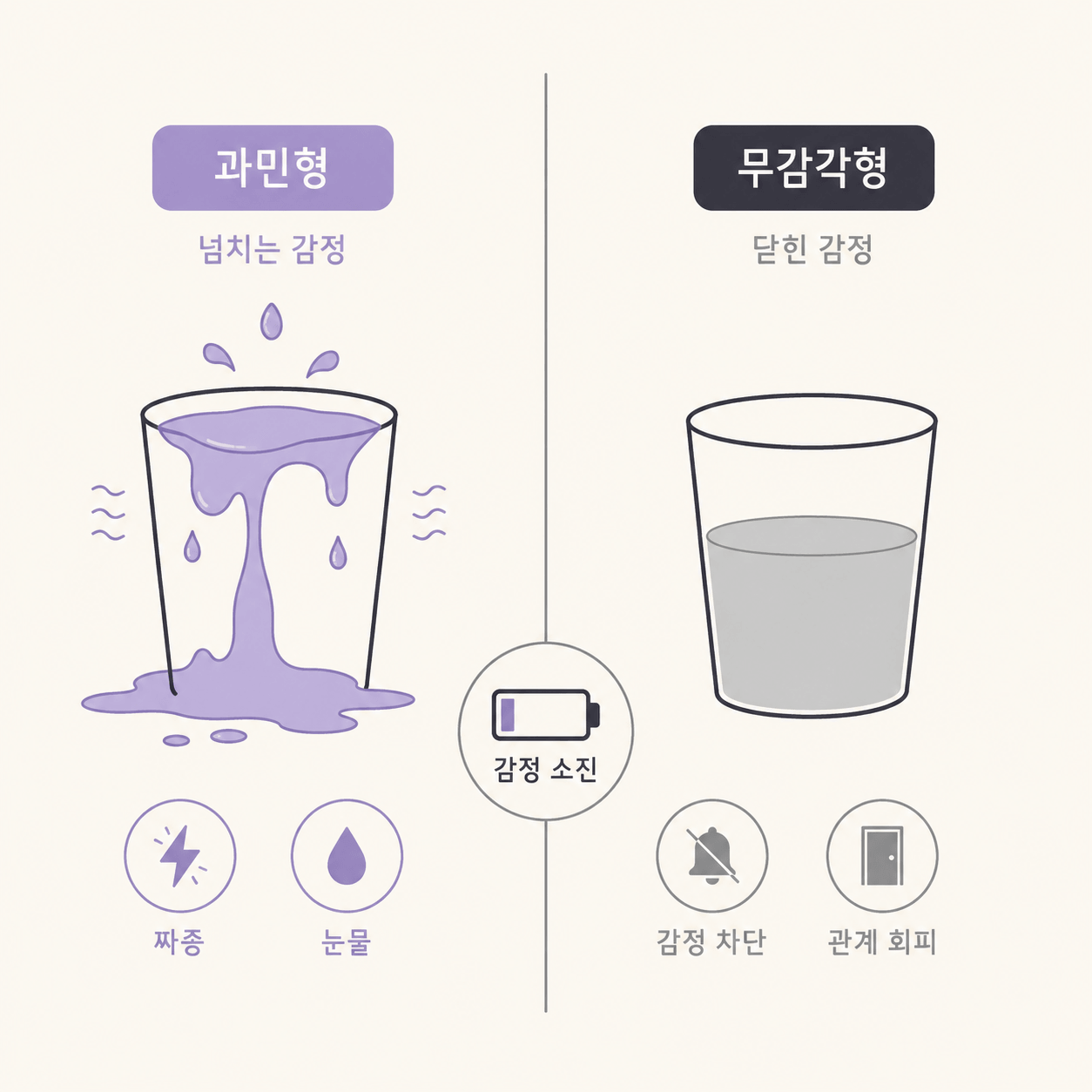 감정 소진 상태를 설명하는 인포그래픽으로, 왼쪽에는 감정이 넘치는 과민형, 오른쪽에는 감정이 무뎌진 무감각형을 컵과 아이콘으로 비교한 미니멀 디자인
