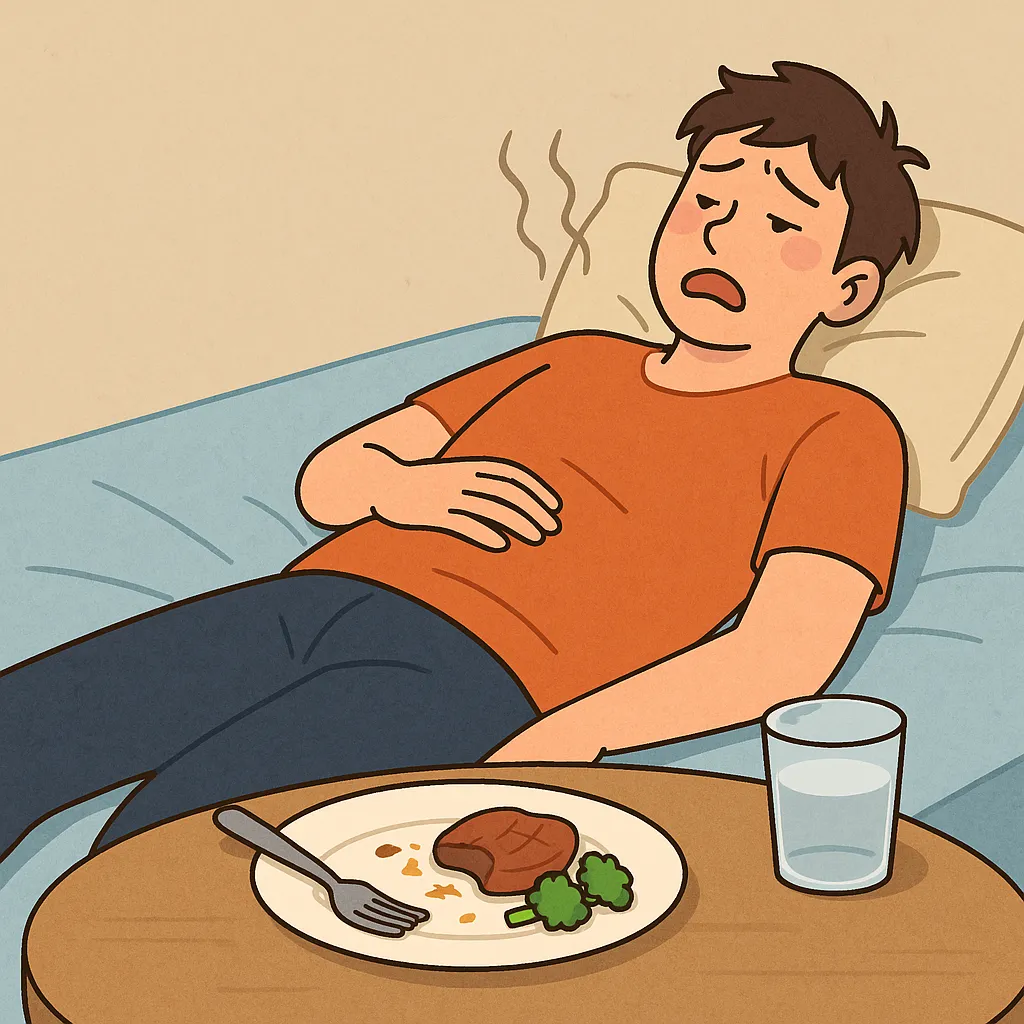 식사를-마친-남성이-배를-잡고-소파에-누워-불편해하는-모습으로,-식후-바로-눕는-습관이-소화불량과-위산역류를-유발할-수-있음을-시각적으로-표현한-일러스트