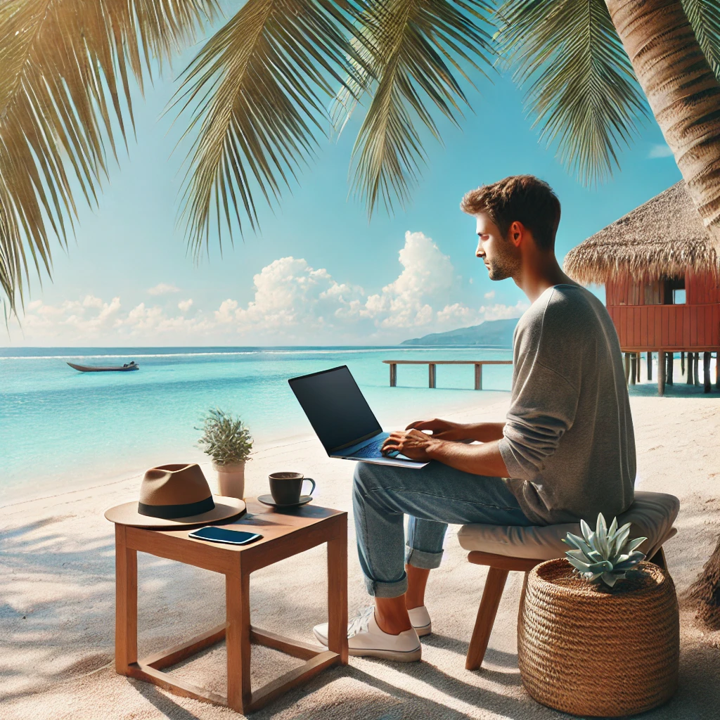 열대 해변에서 노트북으로 원격 근무하는 디지털 노마드. 야자수 아래에서 여유롭게 일하며 바다를 배경으로 한 자유로운 라이프스타일을 표현한 사진
