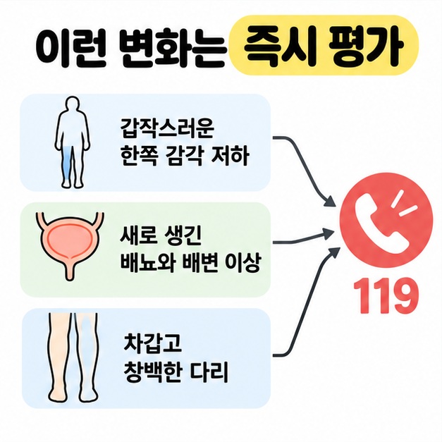 갑작스러운 한쪽 감각 저하와 새로 생긴 배뇨 및 배변 이상, 차갑고 창백한 다리를 각각 119 도움 요청으로 연결한 응급 신호 도식