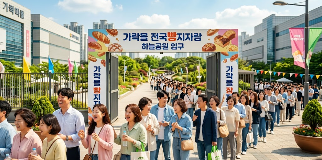 활짝 열린 가락몰 하늘공원 문 앞에 사람들이 설레는 표정으로 줄 서 있는 모습
