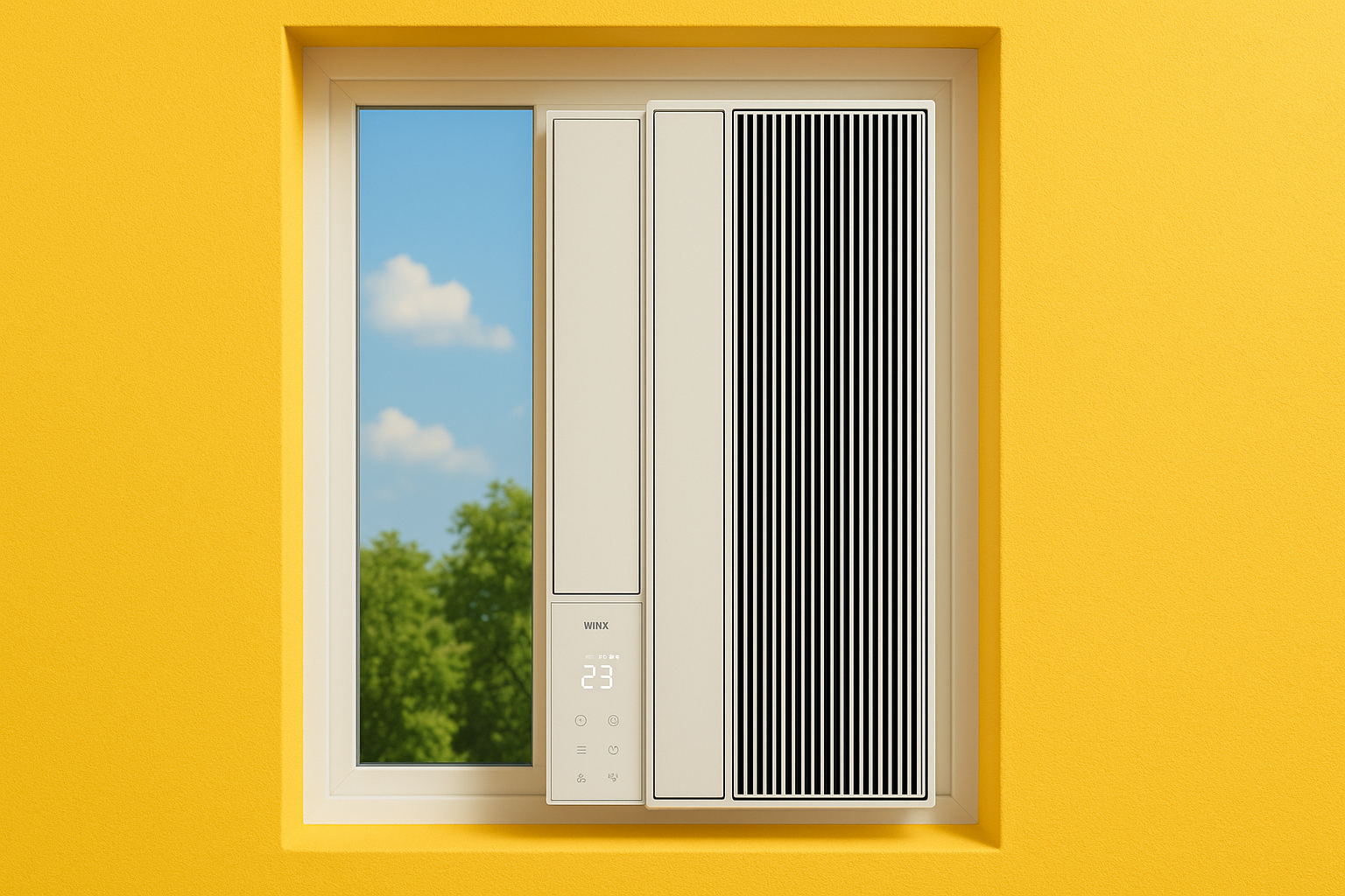위닉스 창문형 에어컨이 노란색 벽의 창문에 설치된 모습, 세로형 슬림 디자인과 터치형 디스플레이가 특징