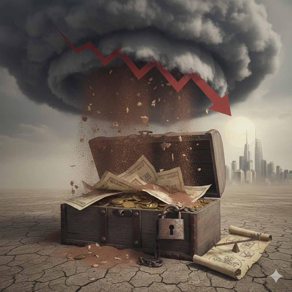 잠긴 오래된 나무 보물 상자가 열린 채 금화와 지폐가 쏟아져 나오고, 상자 위로 검은 폭풍 구름이 몰려와 붉은 화살표가 아래로 급락하는 모습. 구름 속에 주식 차트의 하락 추세가 겹쳐져 있으며, 배경에 황폐한 땅과 도시 스카이라인, 달이 비추는 어두운 분위기. 금융 시장 붕괴와 위험을 상징하는 드라마틱한 장면.