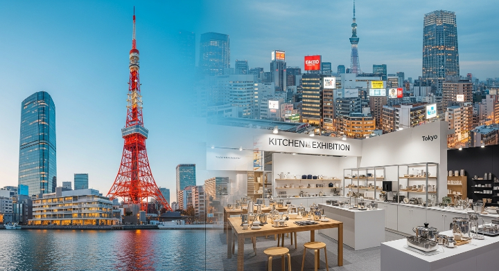 뒤 배경으로 도쿄타워가 선명하게 보이고 그 주변으로는 높은 건물들도 보입니다. 앞쪽으로는 전시회 내부를 상상해 볼 수 있는 부스가 보입니다. 이 행사가 일본에서 열리고 다양한 제품들이 출시되어 있다는 것을 강조하기 위한 이미지로 보입니다.
