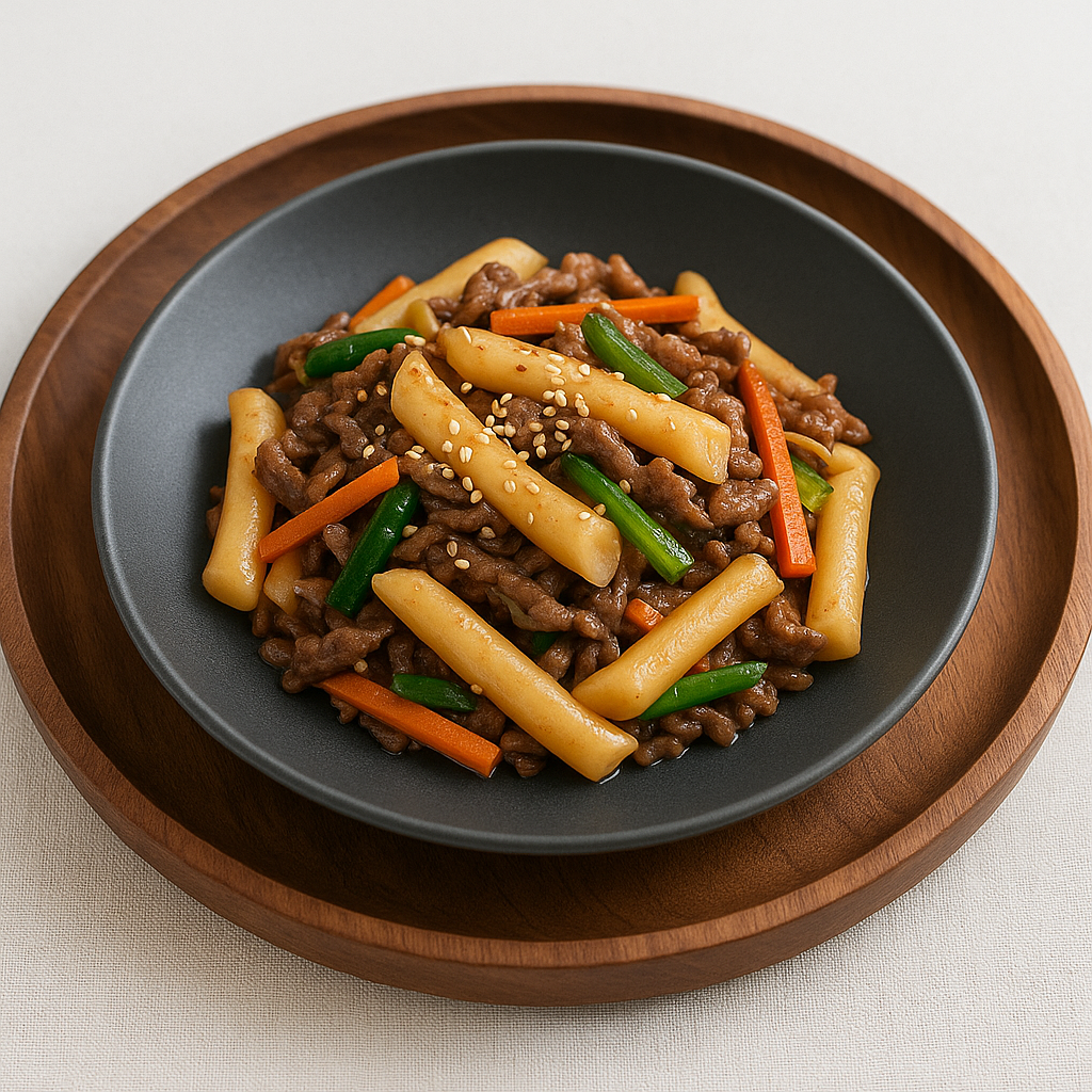 Gungjung Tteokbokki served on a dark gray plate placed on a walnut wood tray, topped with beef, carrots, green onions, and sesame seeds.