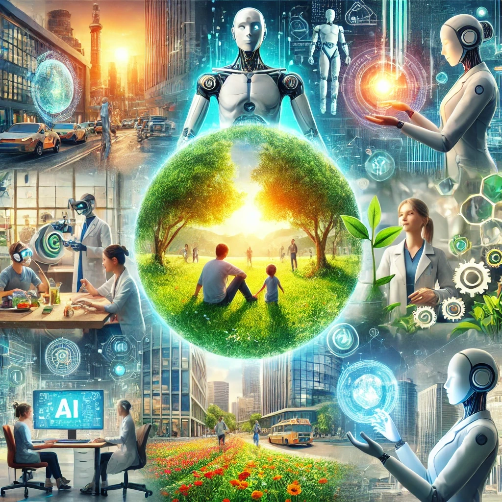 AI와 인간 협력하여 의료, 환경, 가족의 삶을 혁신적으로 변화시키는 모습을 전문적인 이미지. 로봇과 의사가 협력하고, 자연 속 가족과 기술을 확장하여 미래의 비전을 표현함.