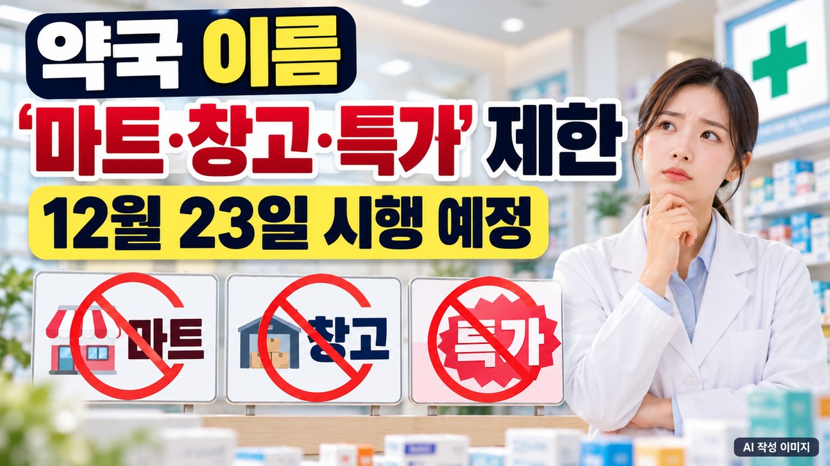약국 명칭에 마트·창고·특가 등 제한 표현과 12월 23일 시행 예정 안내 이미지