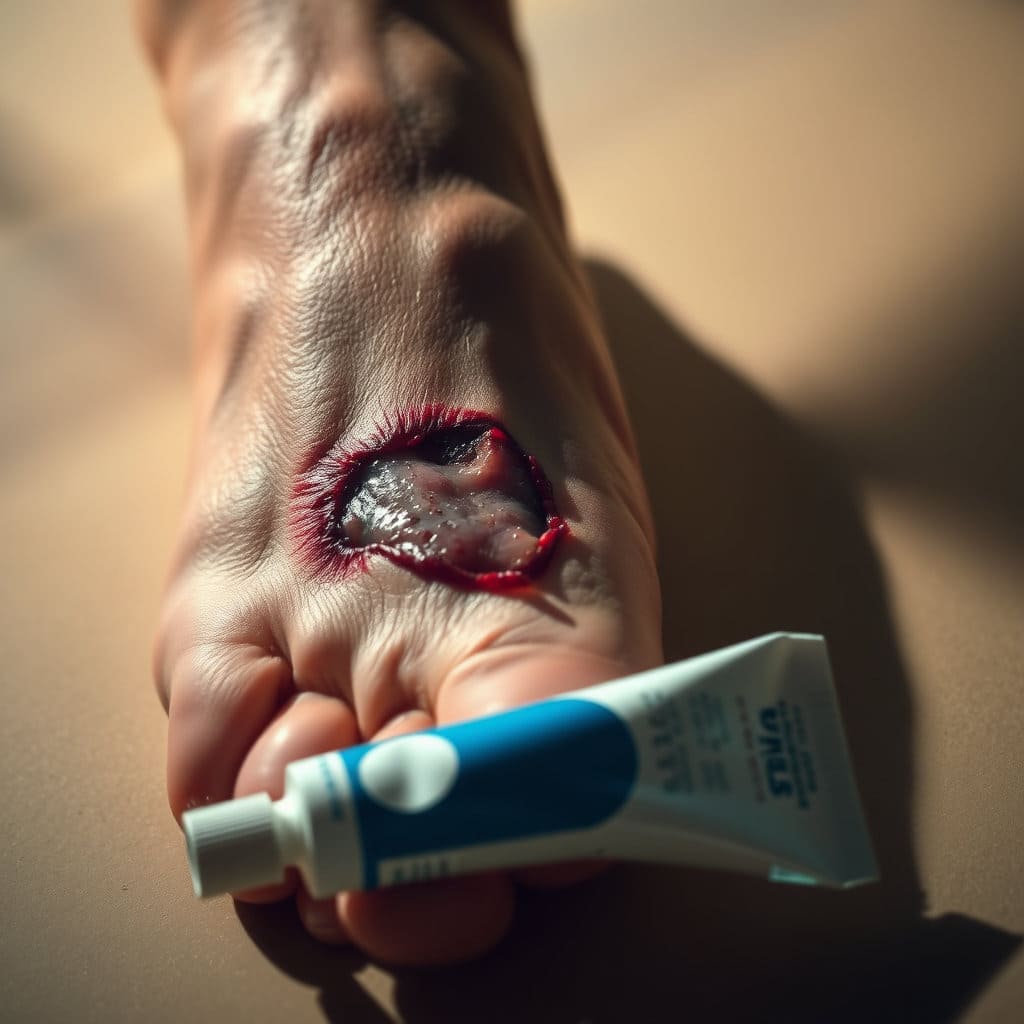 당뇨병 환자는 혈액순환이 원활하지 않고 면역력이 약해져 상처가 잘 아물지 않습니다. 밴드를 붙이거나 연고를 발라도 쉽게 낫지 않는 모습을 통해 합병증의 위험성을 암시합니다.