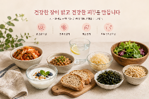 장 건강 관리법 5가지 요약. 피부 트러블 개선을 위한 발효식품, 식이섬유, 올바른 식습관 및 수면 관리 수칙 인포그래픽